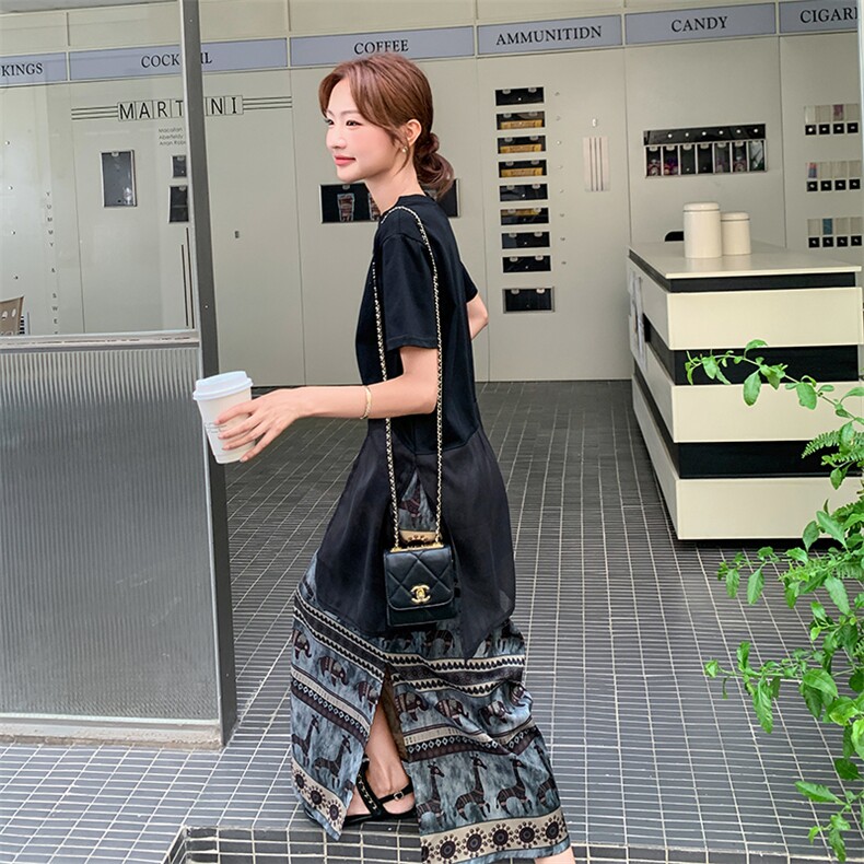 夏季穿搭一整套时尚套装女2025年新款设计感T恤印花半身裙两件套,女装套装/套裙,2C301