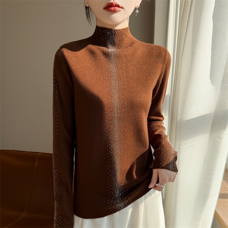 2025年秋季时尚百搭通勤简约休闲重工烫钻半高领套衫，女装羊毛衫，暖烁特种纱工厂店