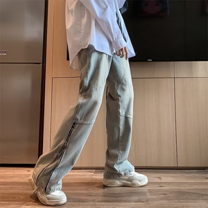 修身显瘦拉链牛仔裤男女春秋美式复古微喇裤子设计感直筒裤NK7776图片