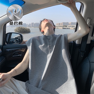 特批P25无差价夏季港风复古亨利领曼巴棉重磅无袖大码背心男T5378图片