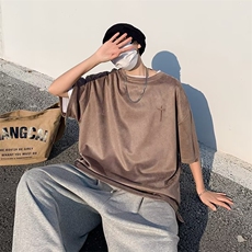 2023春夏季新款男麂皮绒刺绣字母宽松五分袖BE11P30，男装T恤，星座1116-2