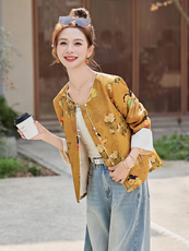 水衣源2712款缎面提花印花料新中式短款坠感超仙外套女，女装短外套，水衣源