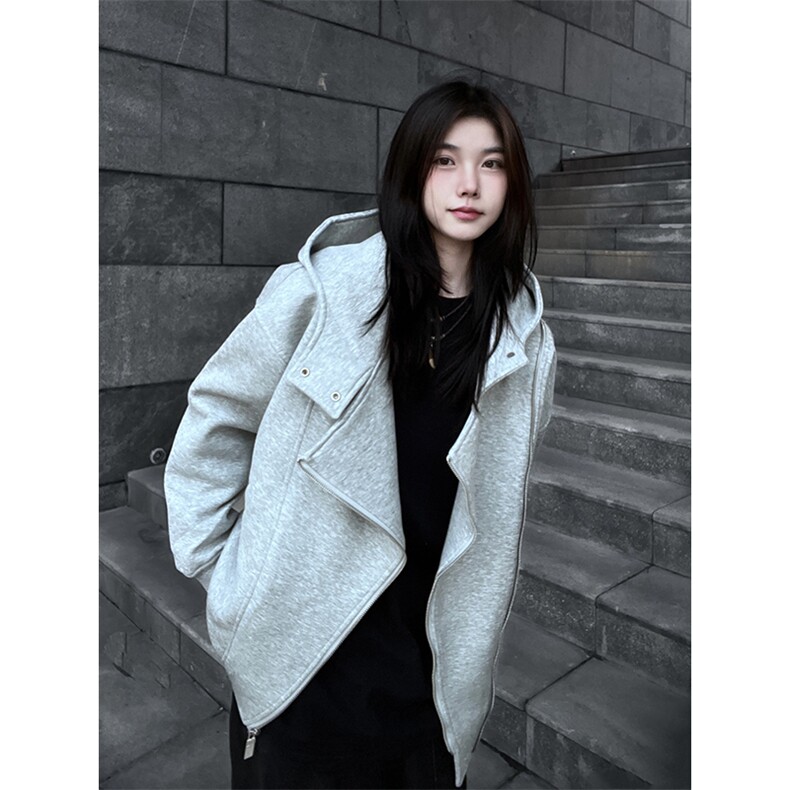 抖音得物品质26春装美式重磅结构斜拉链高领连帽卫衣开衫外套W61,女装短外套,电商A486