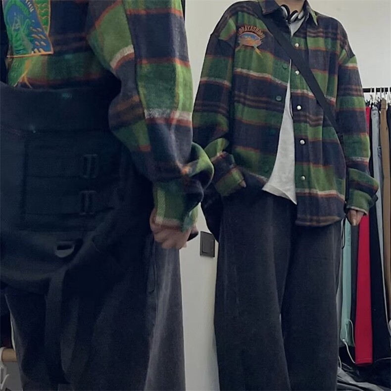 C221-P55日系潮流格子衬衫男宽松潮牌绣花学生加厚重磅衬衣,男装衬衫,电商B323A