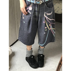 【有货】N1241CC-特P53美式3D链条彩色印花七分牛仔短裤男女，男装牛仔裤，星座1007（原301D）