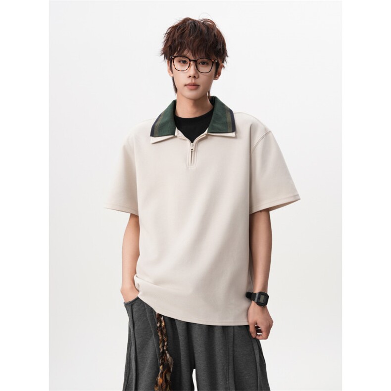 M-8XL美式复古撞色拼接polo衫半拉链短袖t恤大码宽松DX1227/特P40，男装T恤，电商B238