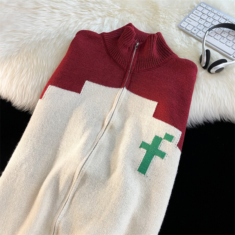 秋款男高领毛衣开衫针织衫条纹十字架鲜花刺绣休闲外套M772P50,男装针织衫/毛衣,星座1013-1