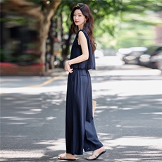 2026新款天丝亚麻短袖藏青色衬衫直筒休闲裤两件套洋气时尚女套装，女装衬衫，梦懿尔