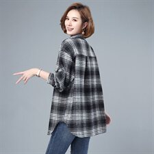 2021春秋季新款女装大码宽松加厚格子长袖衬衫中长款休闲衬衣上衣，女装衬衫，伊满意