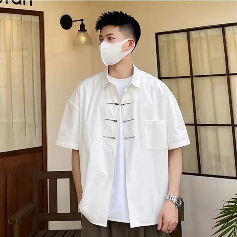 新中式风纯色设计短袖衬衫男士2026夏季新款高级感韩版衬衣,男装衬衫,星座218-1（原230）