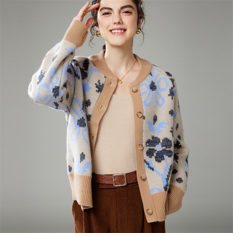 四平针加厚山羊绒开衫女圆领秋冬拼色加厚提花毛衣外套针织上衣，女装羊绒衫，萨奥羊绒