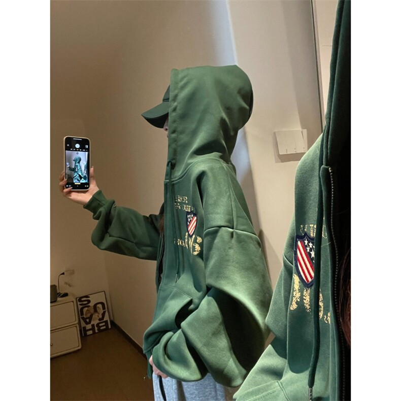 美式复古开衫拉链连帽卫衣外套女秋季宽松潮牌刺绣潮LB60133-P59,女装短外套,星座1008