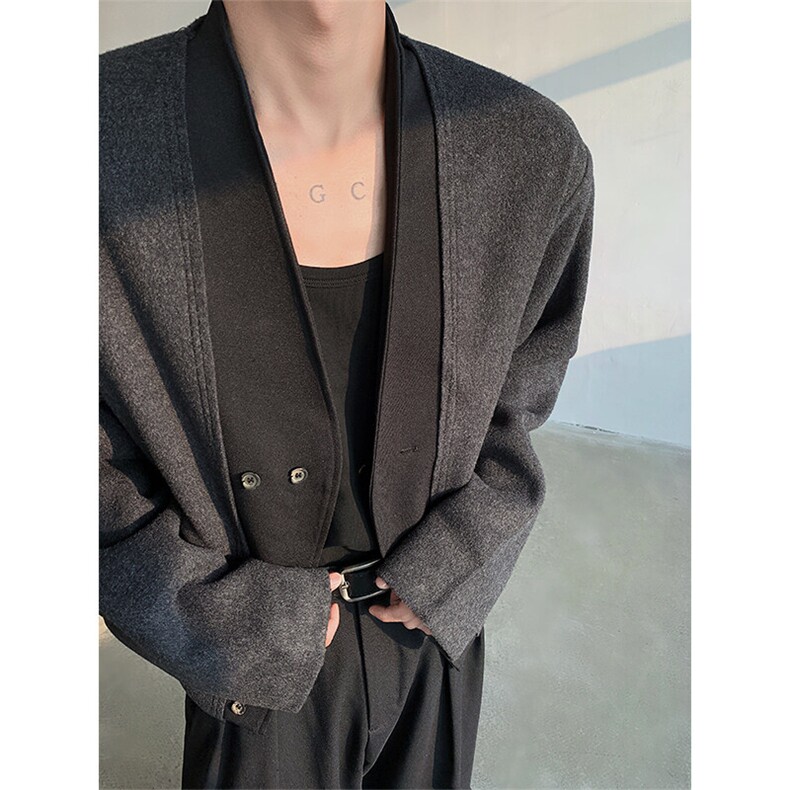 现货！25老钱风双扣开衫混纺毛边短款西服毛呢外套XZ80-P128，男装西服，电商B288