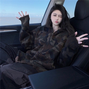 重磅连帽迷彩卫衣外套女春秋2025新款开春设计感拉链开衫WY8204图片