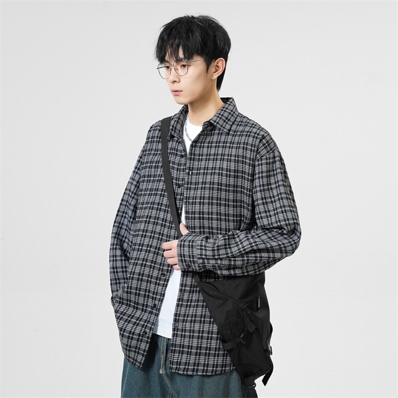 春季潮流格子衬衫男港风休闲长袖外套青少年男装2377P35,男装衬衫,星座1107-1