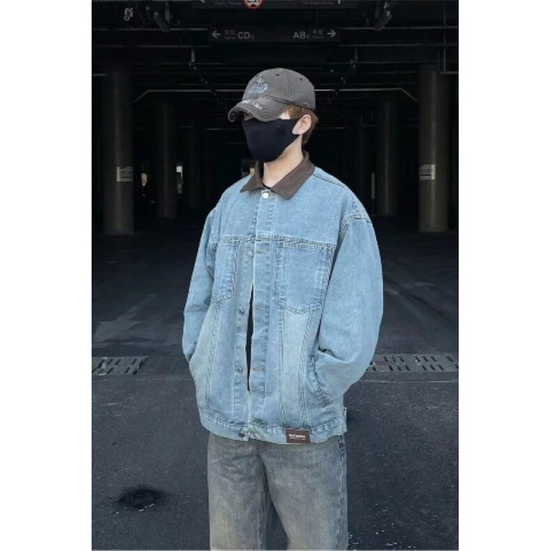 美式复古pu皮拼接牛仔外套男女春秋冬潮牌街头宽松BF翻领工装夹克图片