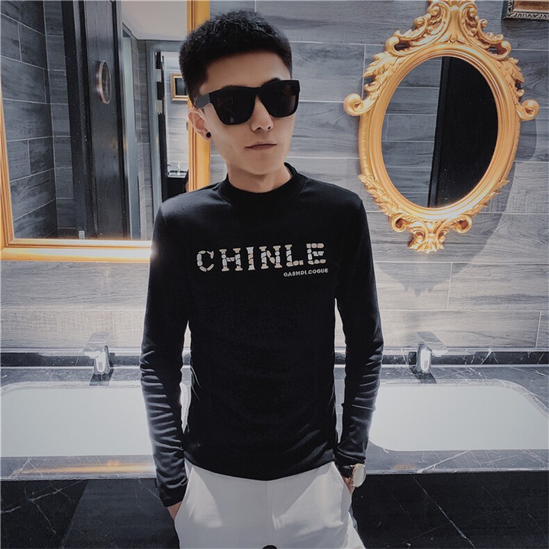 3秋季长袖修身T恤刺绣社会精神小伙男半高领打底衫C301B-CT14,男装T恤,电商C301B