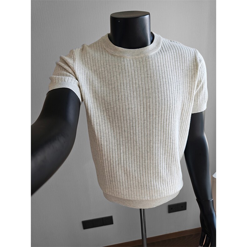 盗图老钱风坑条纹镂空冰丝圆领针织短袖T恤衫E77156/P55控78，男装T恤，电商A243