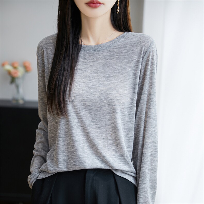 洋气春季新款圆领针织衫女宽松显瘦百搭长袖上衣可外简约打底衫,女装蕾丝衫/雪纺衫,昭美羊绒