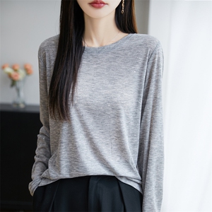 洋气春季新款圆领针织衫女宽松显瘦百搭长袖上衣可外简约打底衫图片