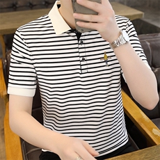 夏季刺绣短袖翻领冰丝经典条纹青年修身POLO衫短袖T恤上衣Z99-P30，男装T恤，星座310B-3