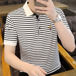 夏季刺绣短袖翻领冰丝经典条纹青年修身POLO衫短袖T恤上衣Z99-P30图片