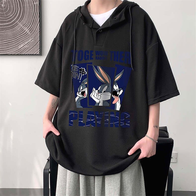 LD54234-P45连帽短袖t恤男大码胖子带帽五分袖中袖大皂风,男装T恤,电商A040