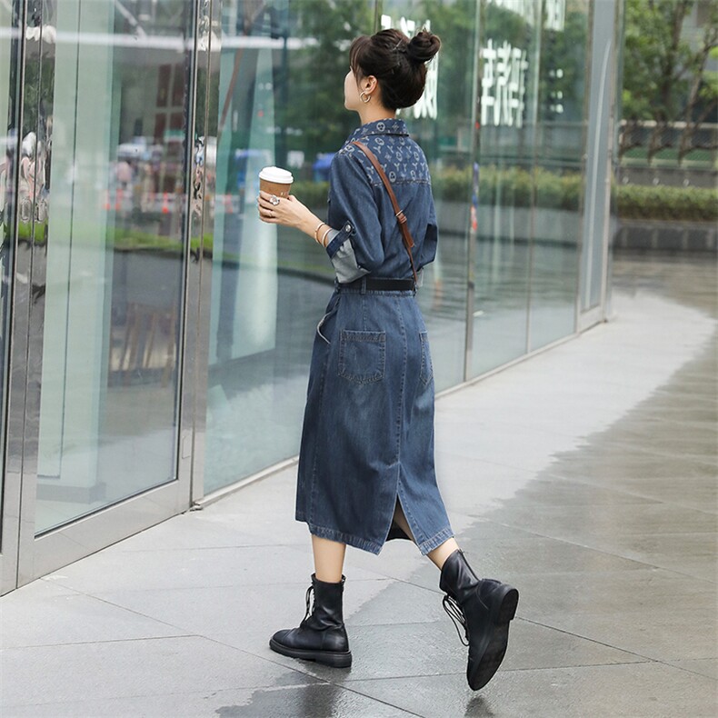 2025春季简约大方气质优雅收腰显瘦休闲修身百搭潮流牛仔连衣裙,女装连衣裙,2D076