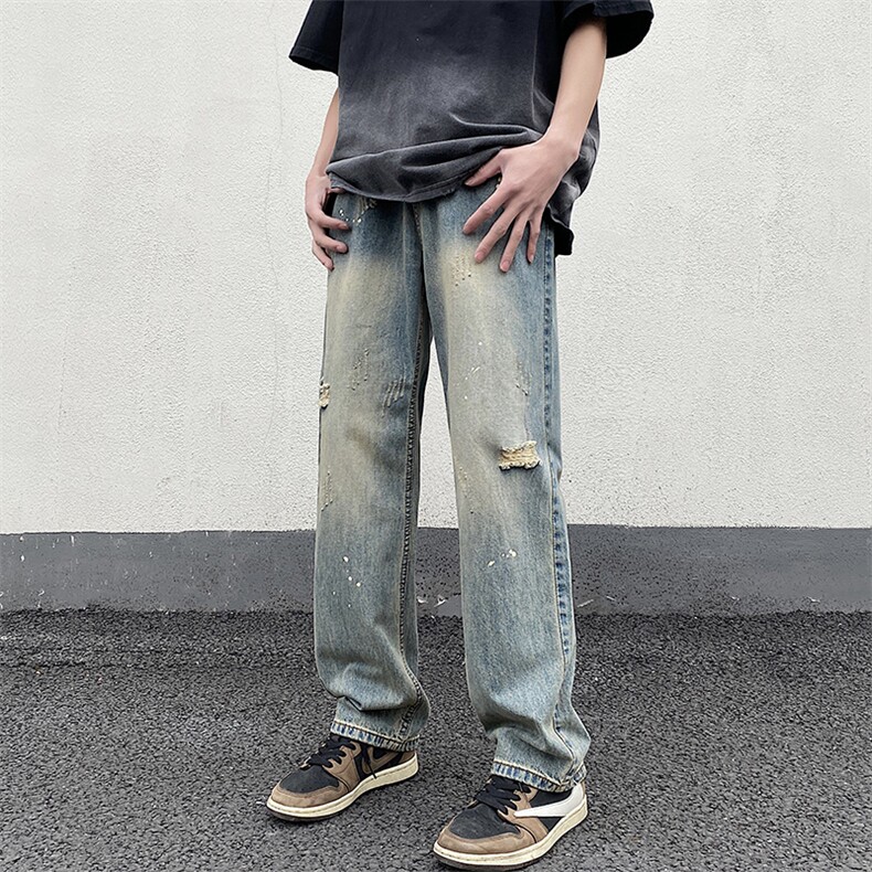 高街美式复古黄泥水洗破洞牛仔裤男宽松长裤XZ211-1-K2315-P55,男装牛仔裤,星座211-1