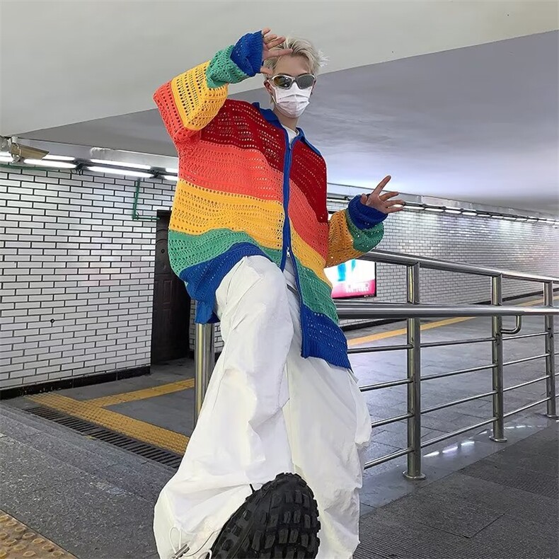 美式潮牌多巴胺彩色条纹镂空拉链针织开衫毛衣MY217P45,男装针织衫/毛衣,星座1116-2