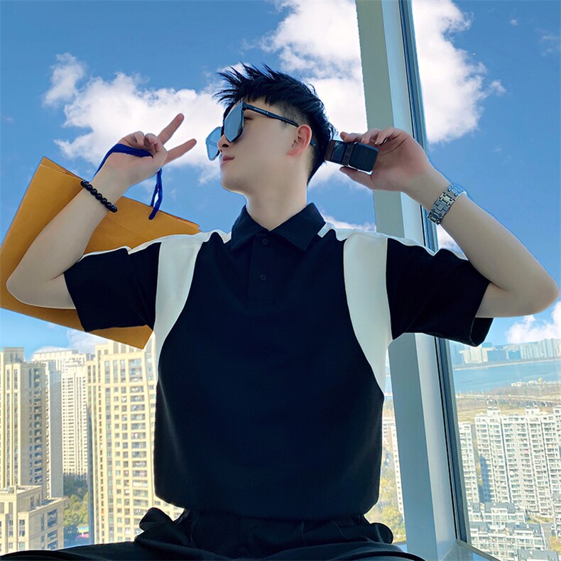 AT218/P58控78夏季社会小伙撞色POLO衫痞帅百搭潮流短袖T恤男黑首图片
