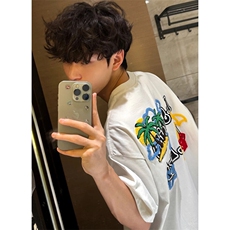万针全刺绣工艺抖音得物高品质260克重磅纯棉双纱美式高街短袖T恤，男装T恤，电商A486