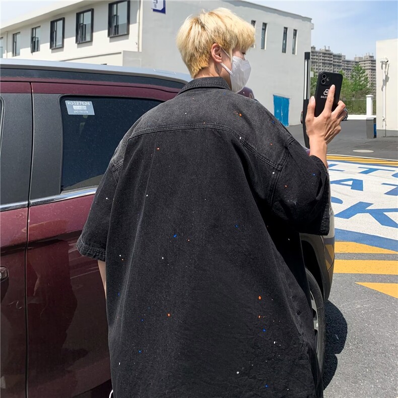 夏季短袖牛仔衬衫男ins潮牌港风日系小众衬衫P53,男装衬衫,星座1116-2