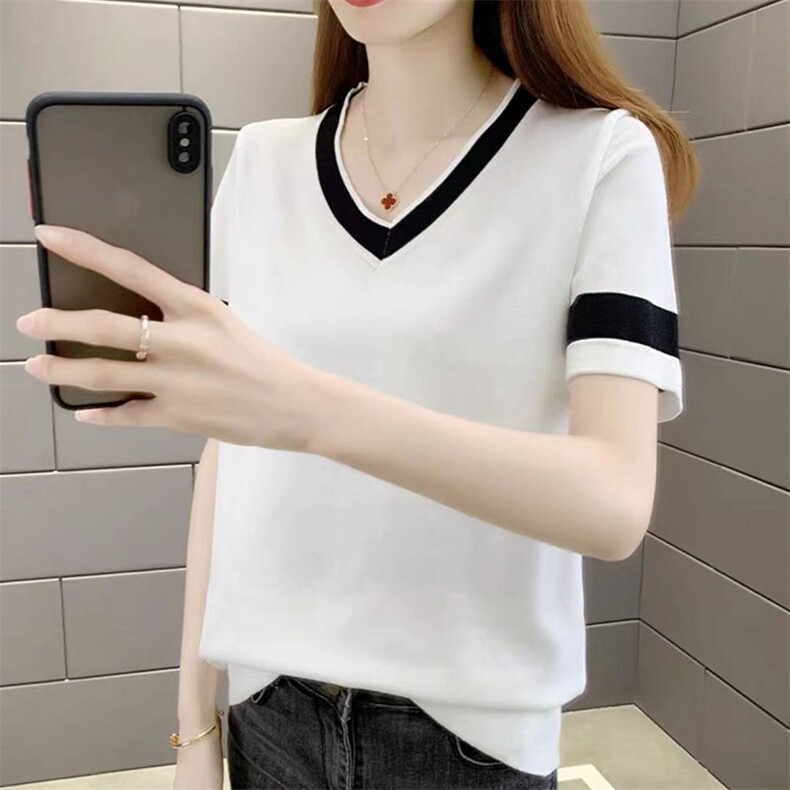 冰丝短袖女夏季2025新款拼色t恤女宽松遮肚上衣时尚洋气黑色体恤,针织衫/毛衣,萱芳婷羊绒