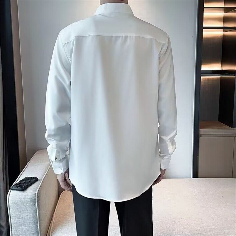 GS303P45新中式立领长袖白色衬衫纯色百搭日系垂感暗扣衬衣,男装衬衫,星座1108-5