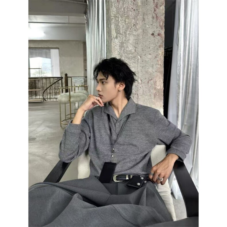 现货~老钱风罗马格意式一片领猫眼宝石扣polo长袖男~C25231批55,男装Polo衫,星座1411A-6