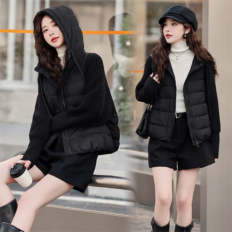 现货2024小众设计毛衣针织拼接连帽羽绒服外套,女装羽绒服,深水步