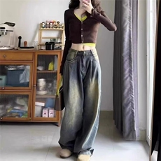 D5203-P50水泥灰阔腿牛仔裤男女2024春秋直筒垂感拖地裤-网图现货，男装牛仔裤，星座603-2