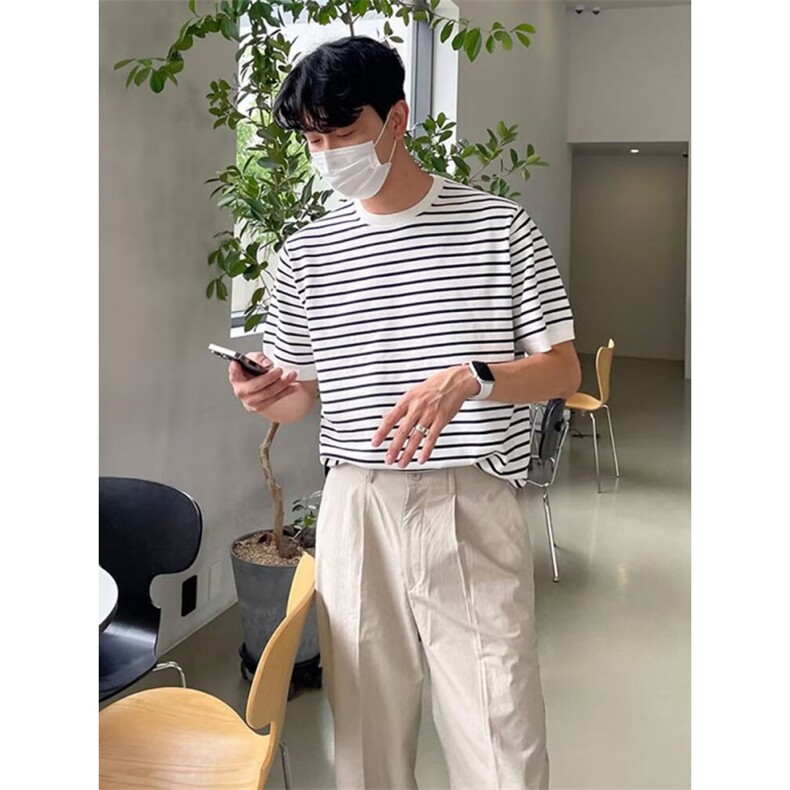 网络图现货！条纹T恤新款圆领上衣潮流休闲半袖R2215-P45,男装T恤,星座1005-6