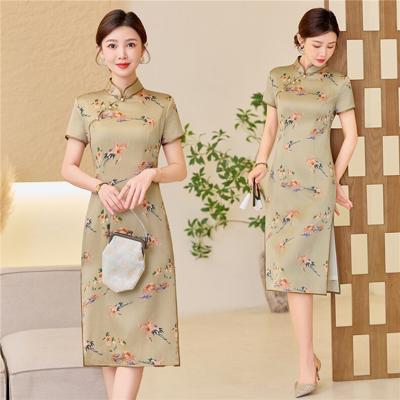 杭州品质真丝中长裙复古印花连衣裙女春夏日常修身潮流真丝旗袍，女装汉服/婚纱/旗袍/礼服，小荷流