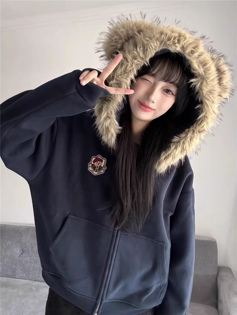 网图美式复古卡通熊耳朵毛领连帽卫衣男女休闲开衫拉链外套特P78,女装短外套,电商C306-1