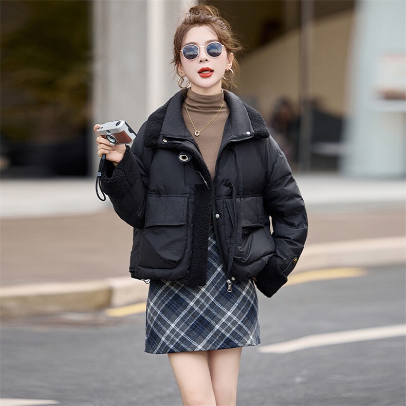 时尚新款仿羊羔毛拼接休闲小个子白鸭绒羽绒服女短款加厚保暖外套,女装羽绒服,采品优优