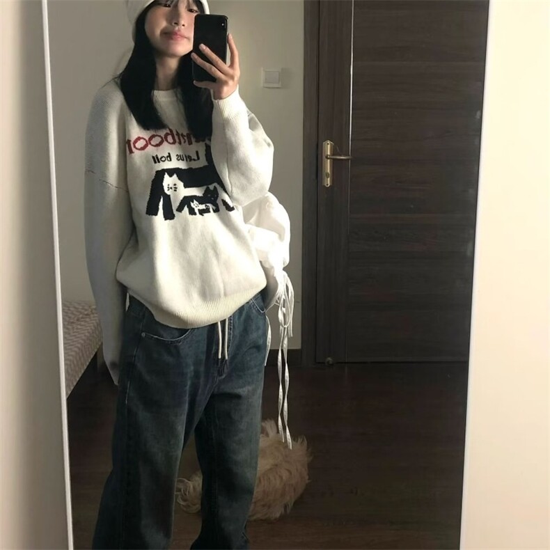 MM159-P68美式复古提花猫咪毛衣高街中性风男女卡通针织毛衣,针织衫/毛衣,星座617A-2