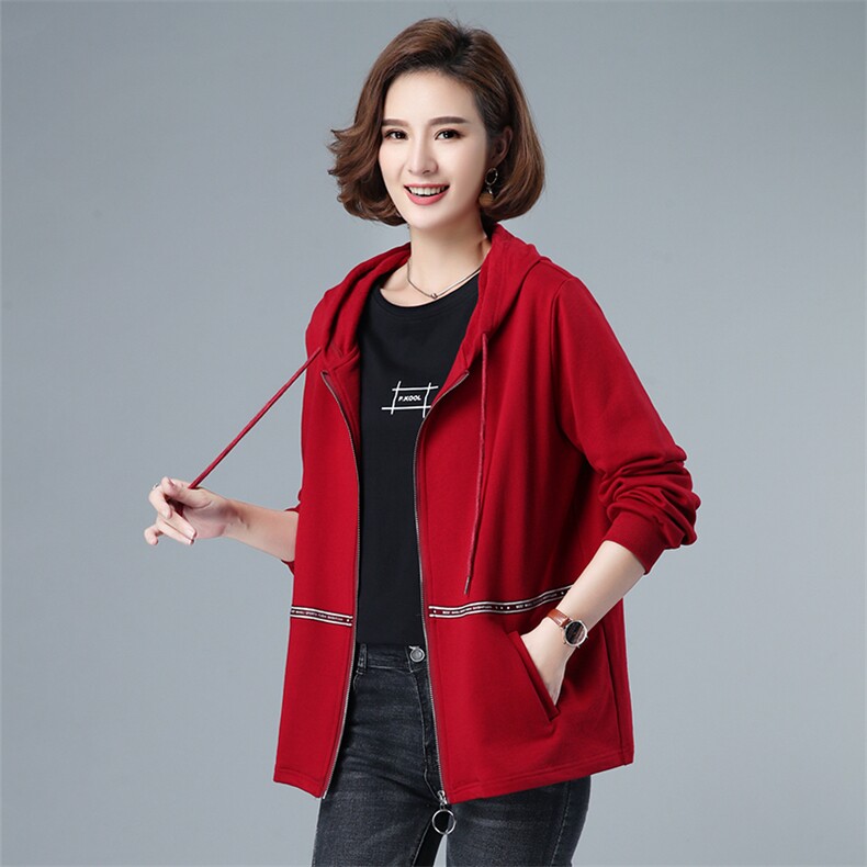 2021春秋装新品连帽纯棉女士外套40-49周岁纯色全棉上衣自主图,女装短外套,伊满意