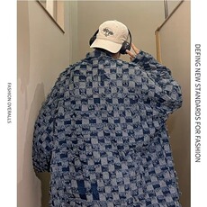 棋盘格牛仔外套男潮牌炸街宽松休闲痞帅长袖毛边夹克衫642/P70，男装夹克，星座506