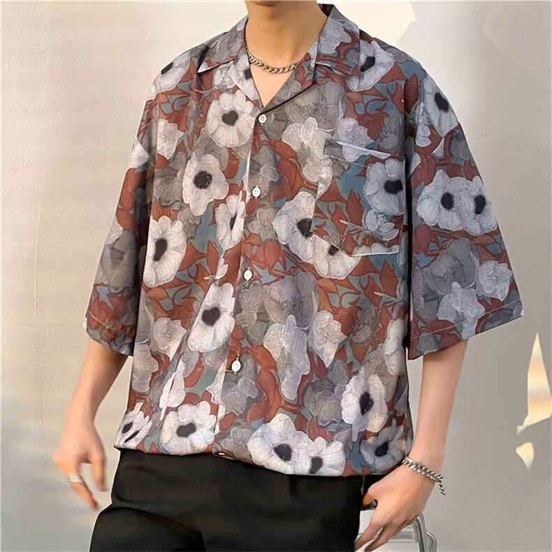 日系五分袖春夏季新款衬衫潮流慵懒男方领宽松型衬衫1315P30,男装衬衫,星座1116-2