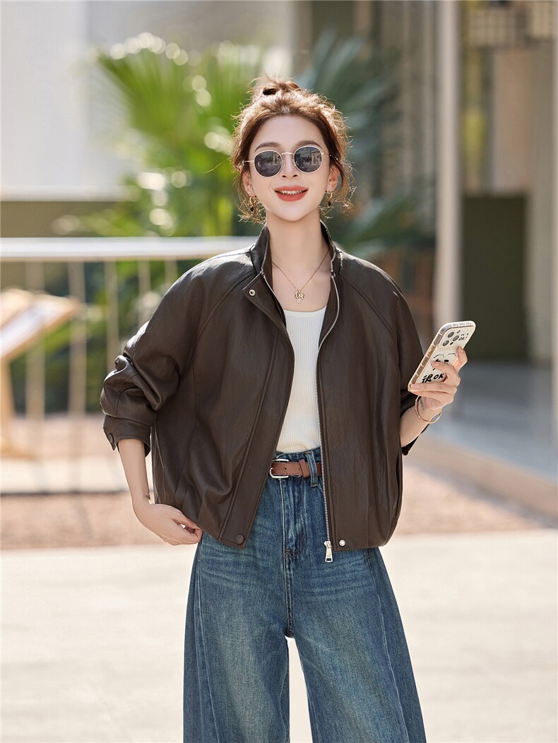 皮衣外套女春秋季2026新款小个子港风复古高级感皮夹克,女装皮衣,秀美人生