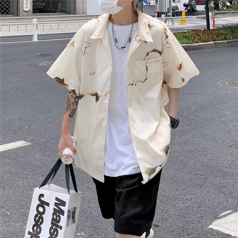 卡其色机工装衬衫男女日系宽松短袖外套2023年夏季新款W2964-P30,男装衬衫,星座412-3