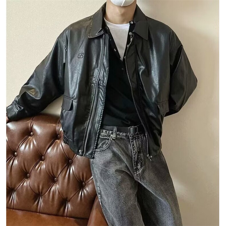 美式休闲纯色秋季高级感皮衣外套男宽松pu皮复古潮流翻领机车夹克,男装夹克,星座506A