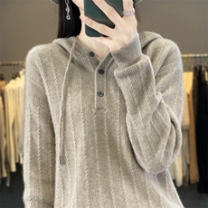 秋冬季羊毛休闲百搭时尚3扣连帽衫，女装羊毛衫，隆格羊绒